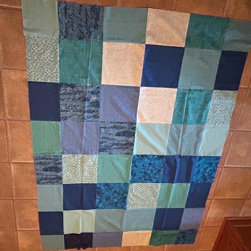 Handmade Blue Teal Patchwork Quilt Top Cotton Fabric Squares Unfinished Project